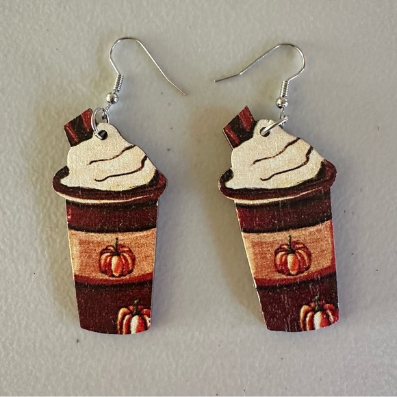 Pumpkin Spice Latte Wooden Earrings ☕️🎃🍁 - Picture 1 of 7